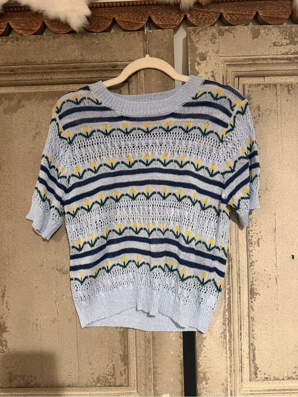 POL Light Blue Striped Knit Top with Yellow Floral Accents